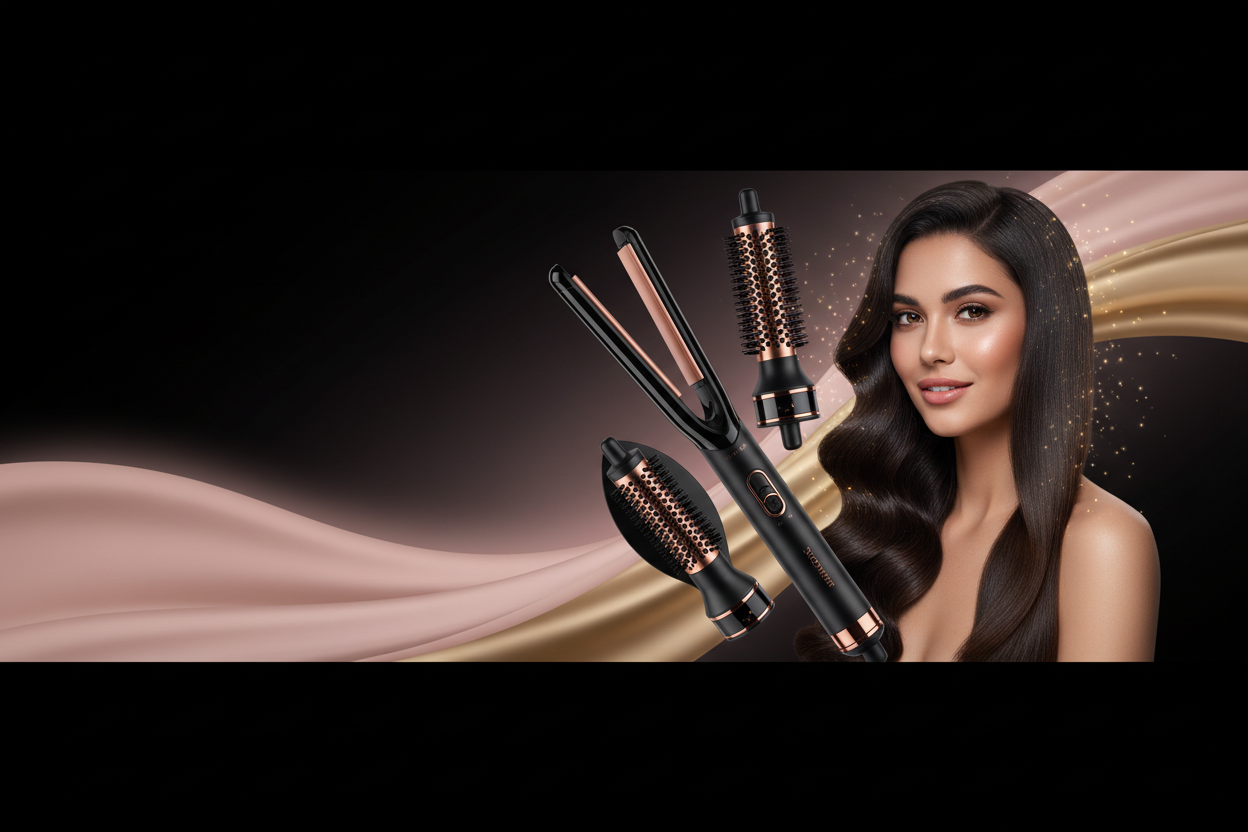 Create a high-quality, landscape banner featuring a sleek black and rose gold 3-in-1 hot air brush (curler, straightener, volumizer). Place the product diagonally on a soft gradient background blending black, blush pink, and gold tones. Include a confident woman with smooth, styled hair (curly, straight, and wavy styles shown subtly). Add glowing hair effects and soft lighting. Leave space on one side for promotional text. The overall feel should be modern, feminine, and luxurious."